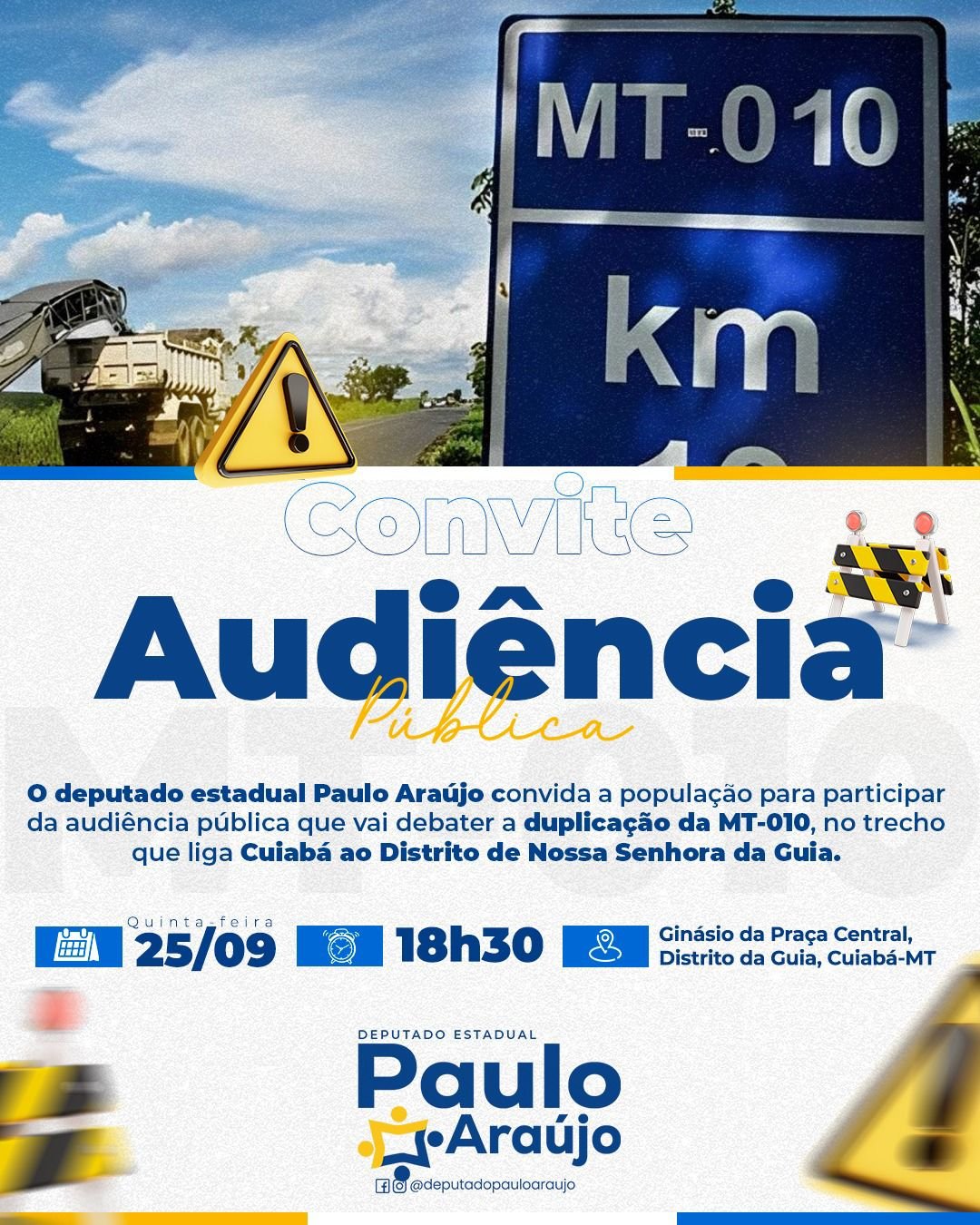 Deputado  convida população para audiência pública sobre duplicação da MT-010 no Distrito da Guia